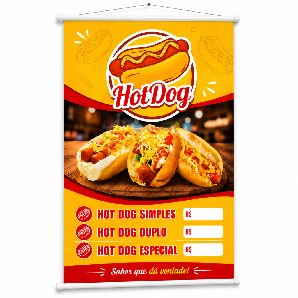 Banner Venda de Hot Dog vários tamanhos produzido em lona Cartaz Propaganda Lanchonete Padaria Carrinho de Feira Barraca