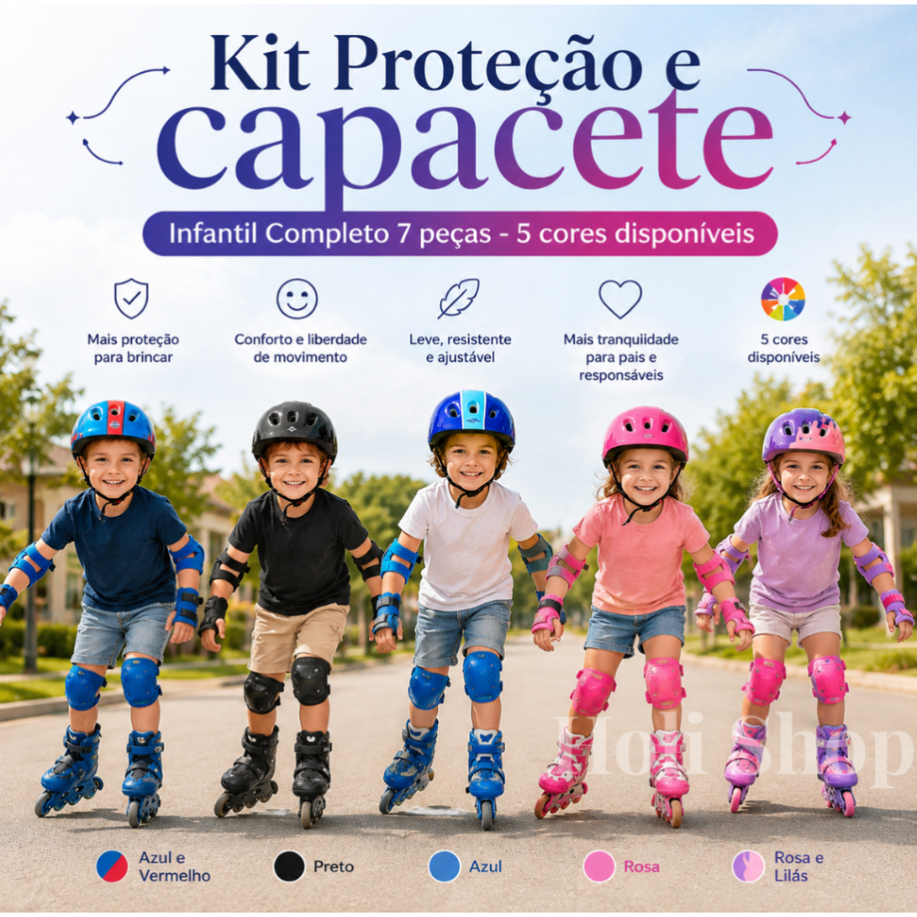 Kit de Proteção + Capacete Infantil Segurança Completa 7 peças Joelheira Cotoveleiras Munhequeiras