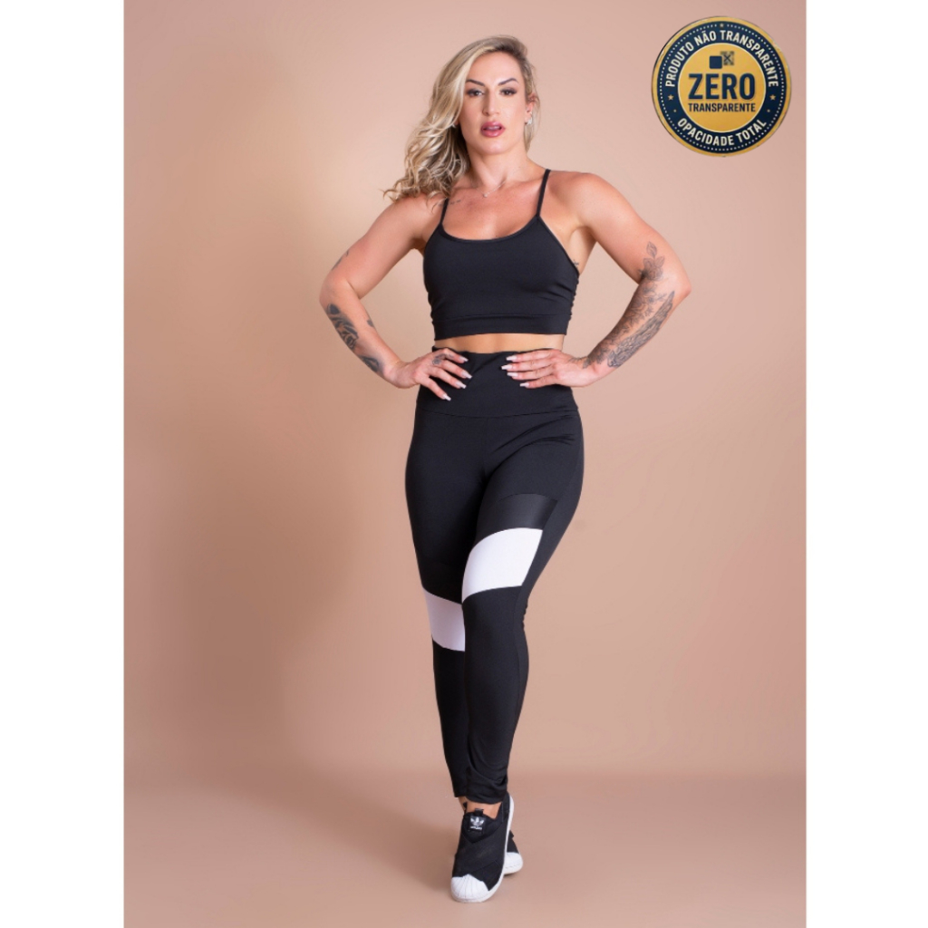Conjunto Fitness Feminino Calça Com Detalhe Cintura Alta E Top Alcinha Liso Academia ZERO TRANSPARÊNCIA