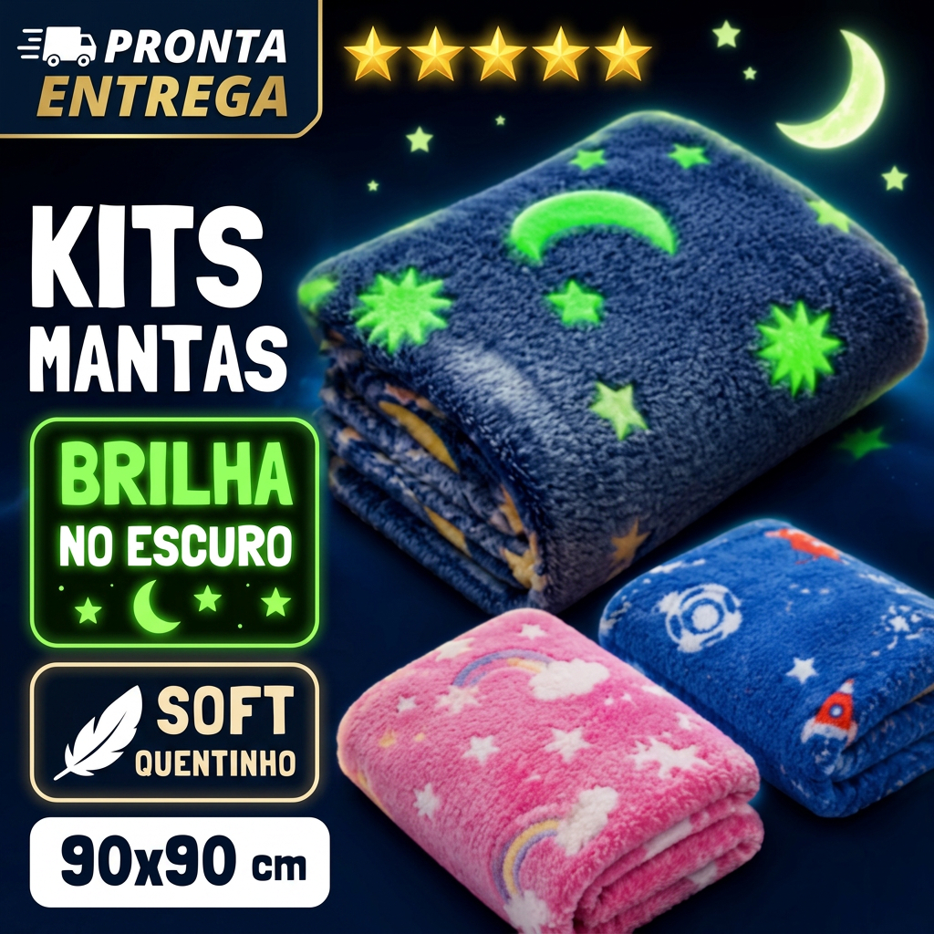 Kits Mantas Cobertor De Bebê Estampada Brilha No Escuro Infantil Cobertinha De Berço 90cm x 90cm