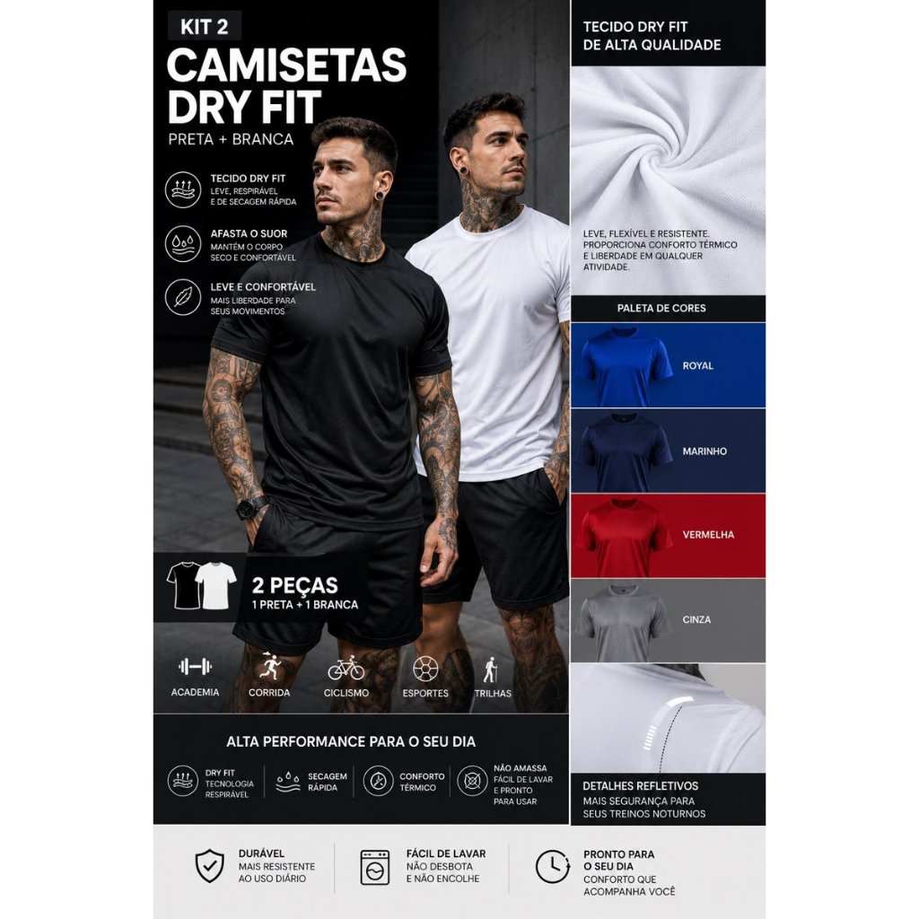 Kit Conjunto 2 Camisetas Dry Fit Masculina CasuaL- Treino- Academia- Esportes- Exercícios - Futebol