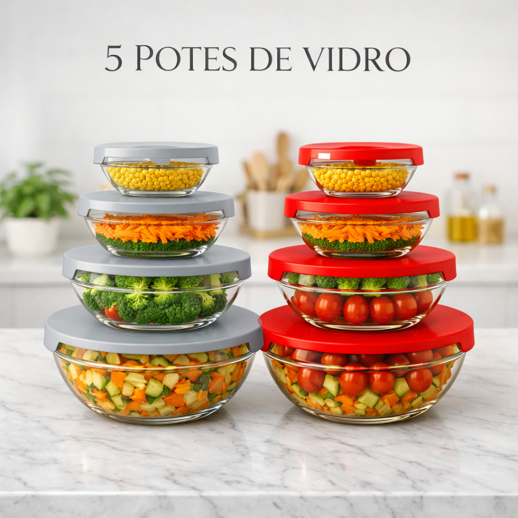 Conjunto 5 Potes Vidro Com Tampa Jogo De Vasilhas Tigelas Bowls Marmita Armazenamento De Alimentos Vermelho