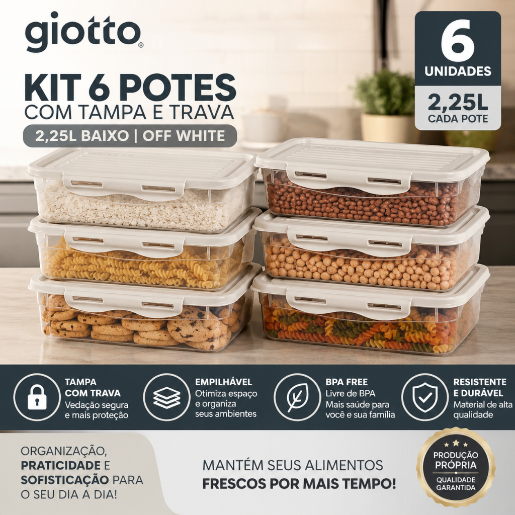 Kit 6 Potes Marmitas Fitness com Tampa Trava 2,25L Off White Freezer Microondas Armazenamento Giotto