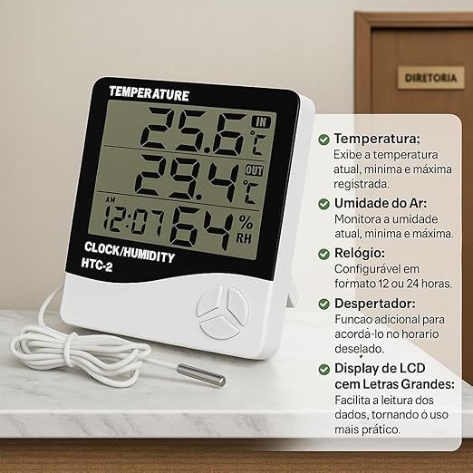 Medidor Digital de Temperatura e Umidade com Sensor Externo Relógio LCD Para Casa Estufa Escritório