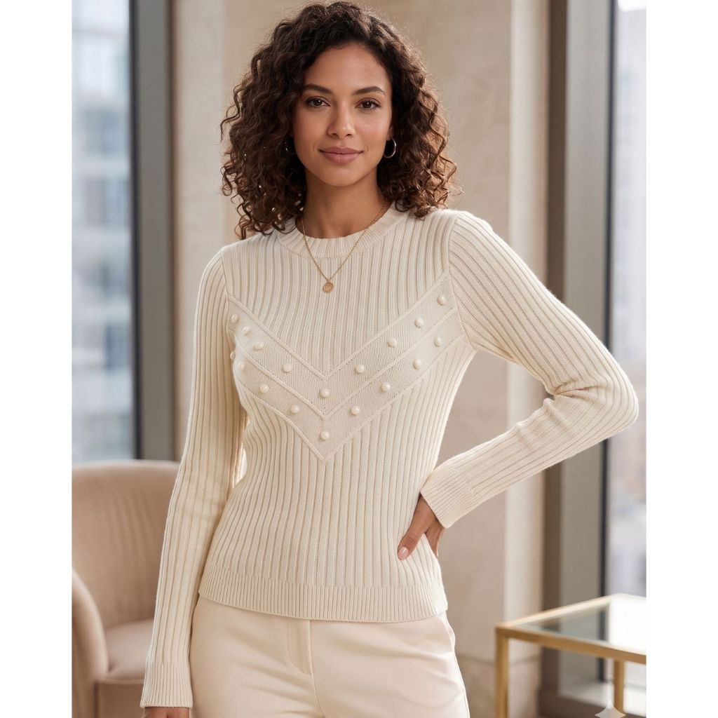 Blusa Feminina Tricot Modal Canelado Manga Longa Inverno Elegante Suéter Tricô Gola Redonda Premium