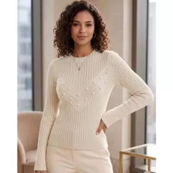 Blusa Feminina Tricot Modal Canelado Manga Longa Inverno Elegante Suéter Tricô Gola Redonda Premium