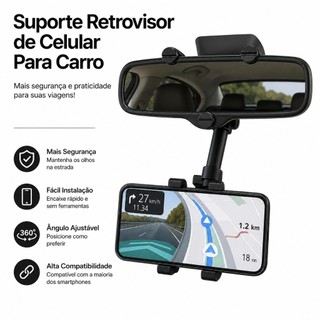 Suporte Retrovisor de Celular Para Carro Central Extensível Giro 360º Facil Instalação To…