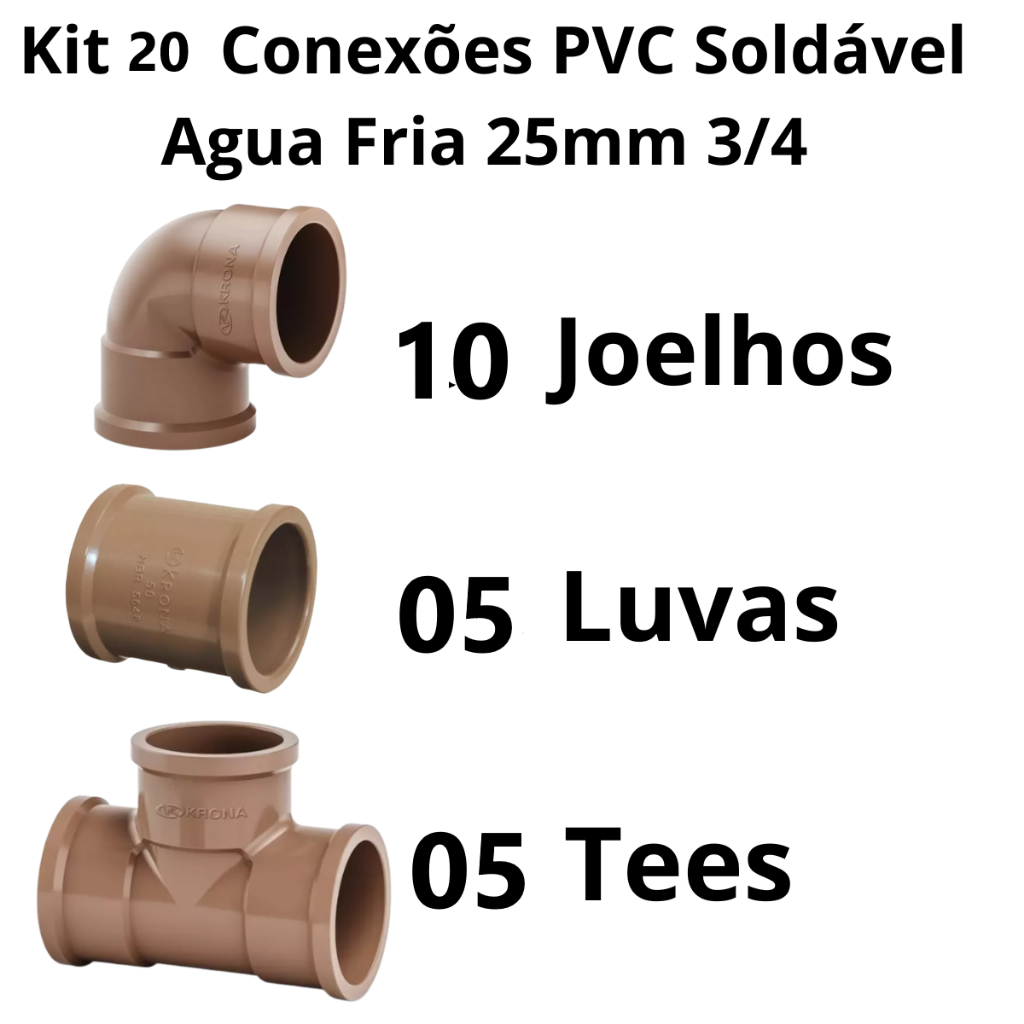 Kit 20 Conexões  PVC Hidráulica  Agua 10 CotoveloJoelho 05 Luvas 05 Tee 25mm=3/4