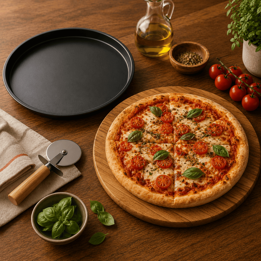 Kit Pizza Completo Tábua Madeira Teca + Forma 35cm Antiaderente + Cortador Inox Profissional