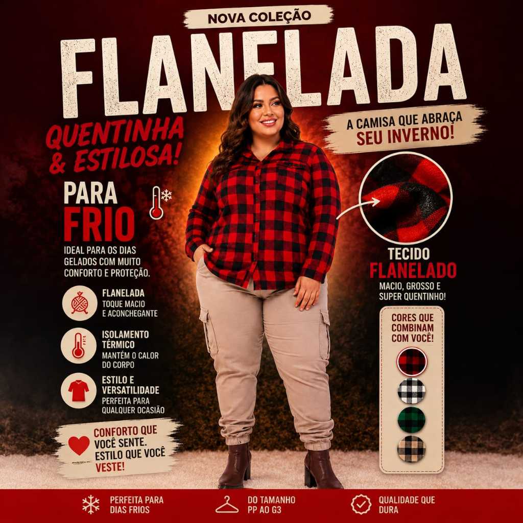 Camisa Xadrez Plus Size Feminina Flanelada Manga Longa Inverno Bem Quentinho Confortável Premium
