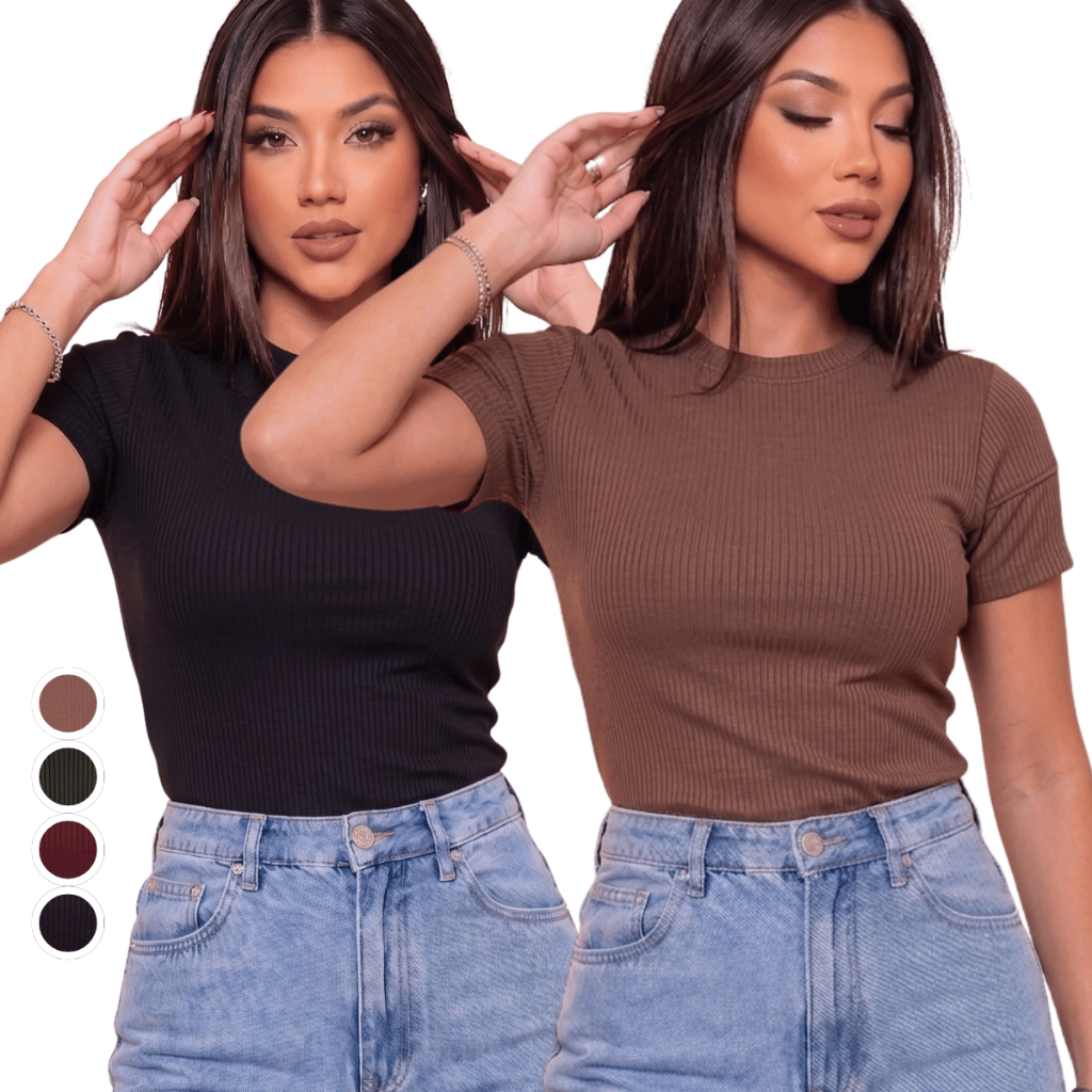 Blusa Feminina Ribana Canelada Manga Curta Básica Feminina Casual Para o Dia a Dia