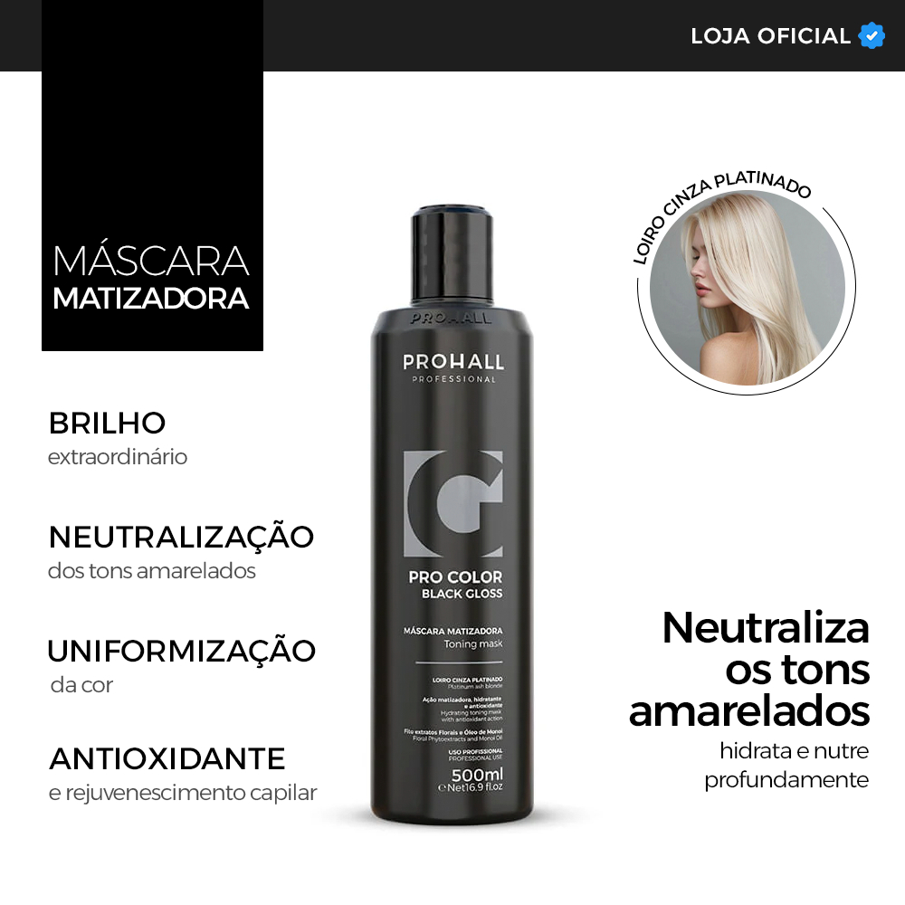 Máscara Matizadora Black Gloss Efeito Loiro Cinza Platinado 500ML