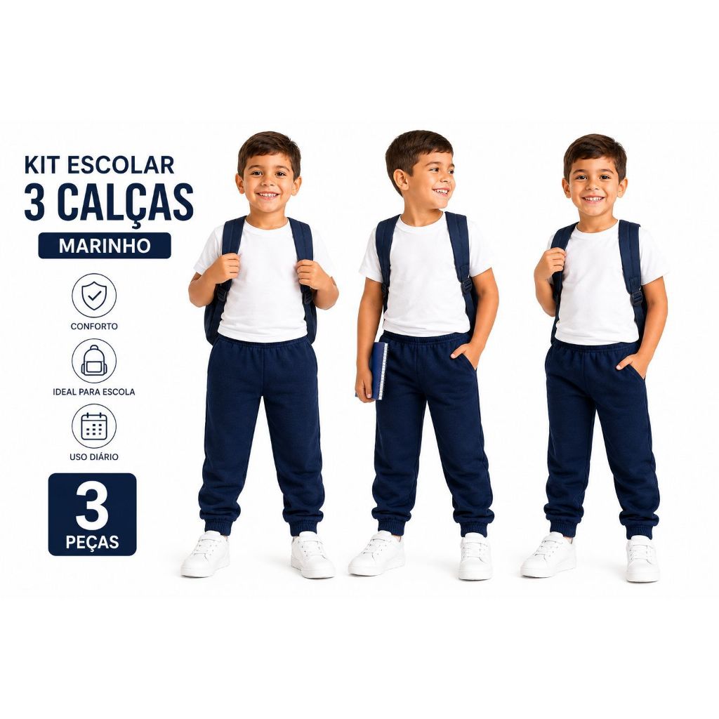 Kit 3 Calça Moletom Escolar Peluciada Menino Inverno Infantil Juvenil 2 ao 12 anos