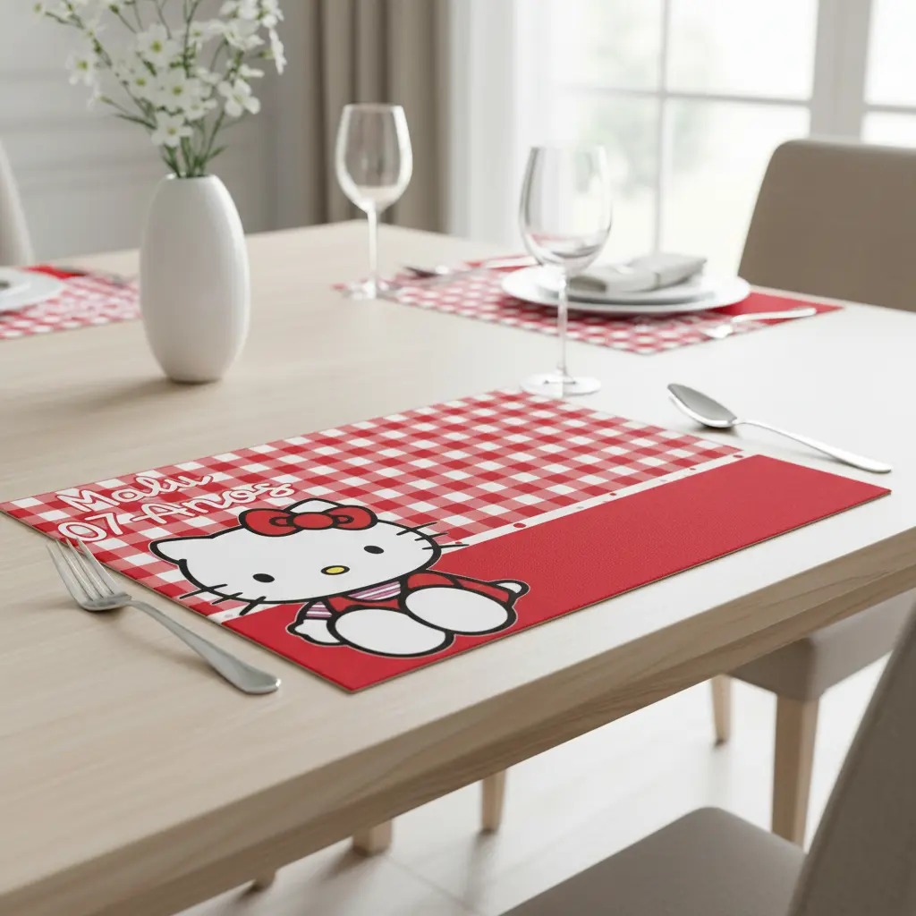 Jogo Americano Personalizado em papel para festa infantil - Hello Kitty Xadrez Vermelha — imagem 2 de 2