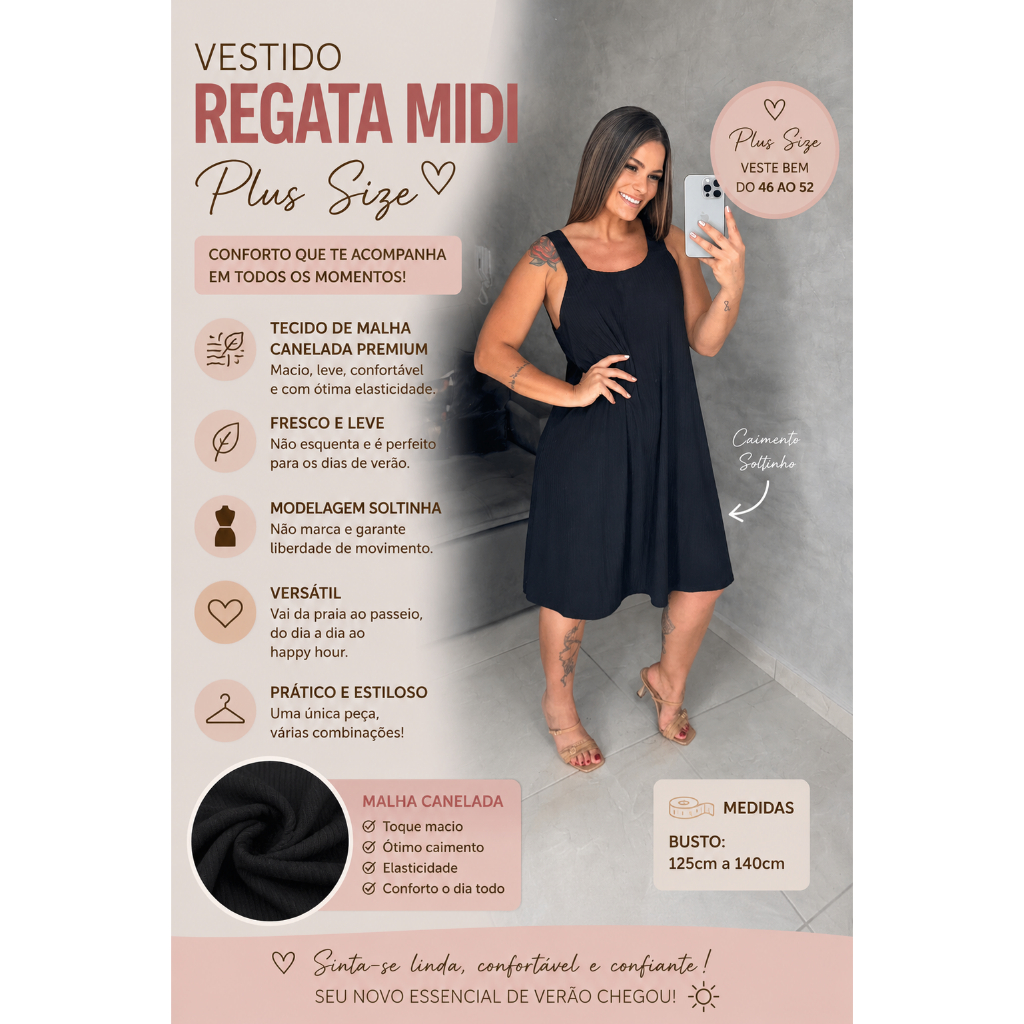 Vestido Regata Plus Size Midi Feminino Moda Verão Tendência Super Confortável Casual Soltinho Liso