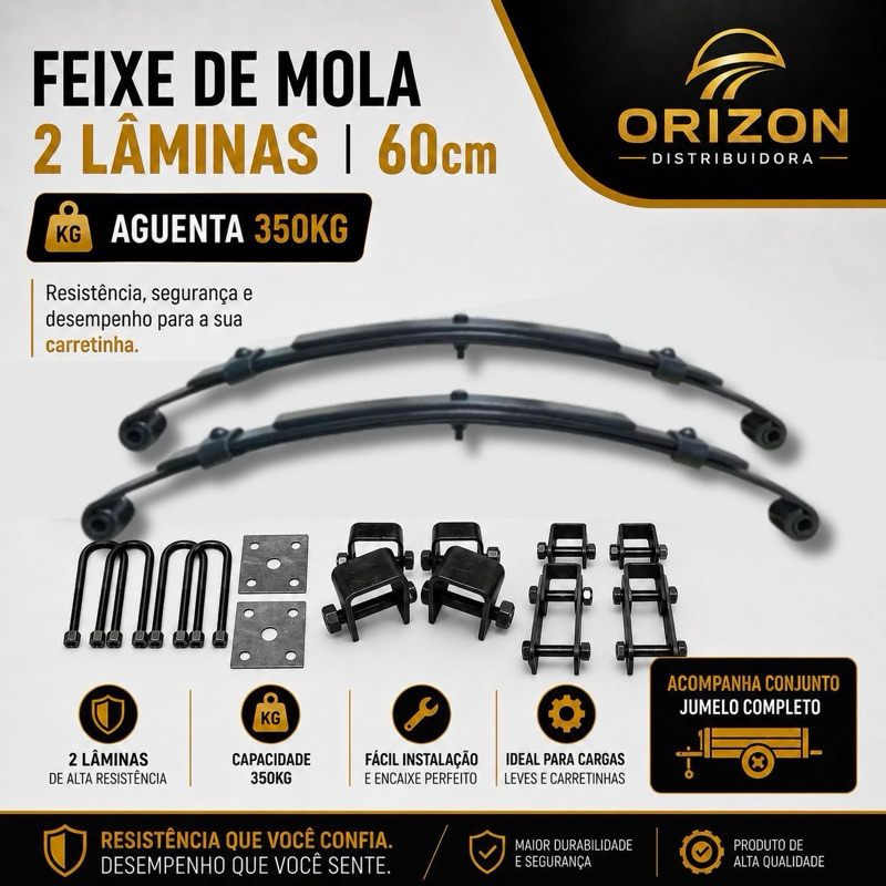 Feixe De Molas 2 Lâminas 60cm Capacidade    350KG + Conjunto  Jumelos Carretinhas, Reboques, Trailers