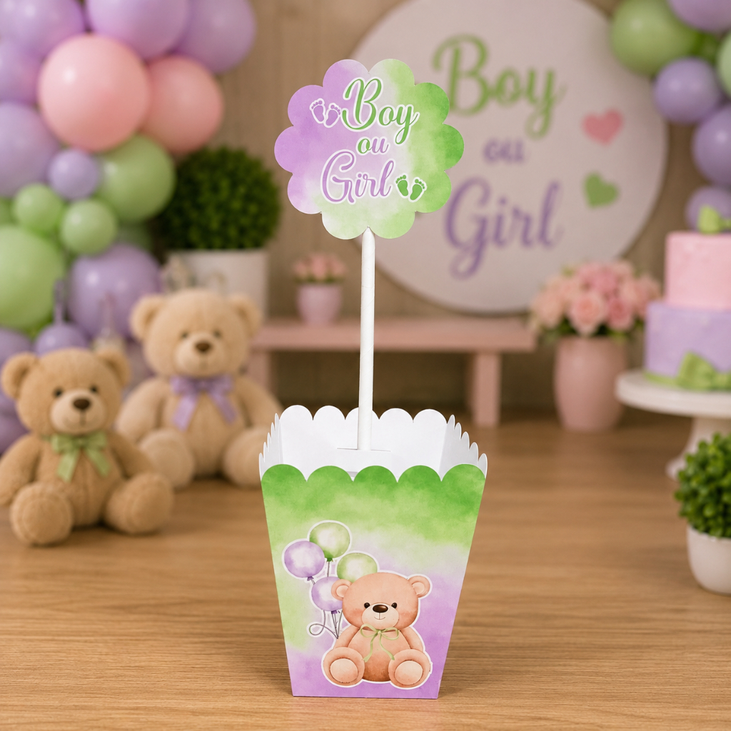 Centro de Mesa Ursinho Verde Lilás Chá Revelação | Personalizado | Enfeite Decoração para Festa | Aniversário