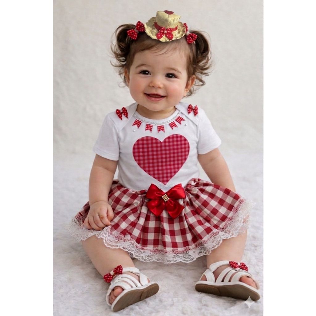 CONJUNTO BEBE TUTU FESTA JUNINA ROUPA  ARRAIA  SAIA XADRES, BODY CORACÃO LUXO + LAÇO
