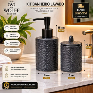 Conjunto Banheiro Wolff 2 Peças Lavabo Dispenser Sabão Liquido P Algodao Cerâmica Sheet Preto Wolff
