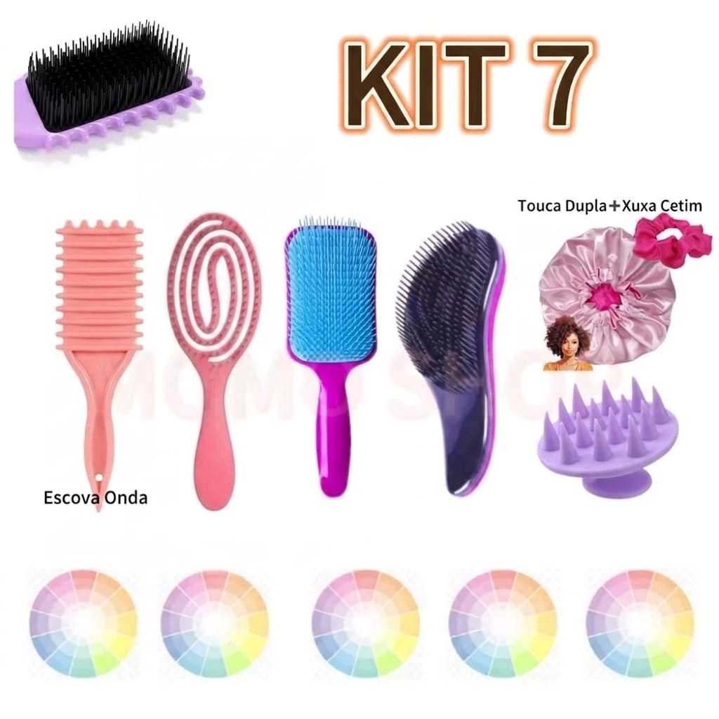 Kit Escova Flexível, Escova Onda, Escova Raquete, Escova Mágica, Escova Massageadora, Touca e Xuxa de Cetim.