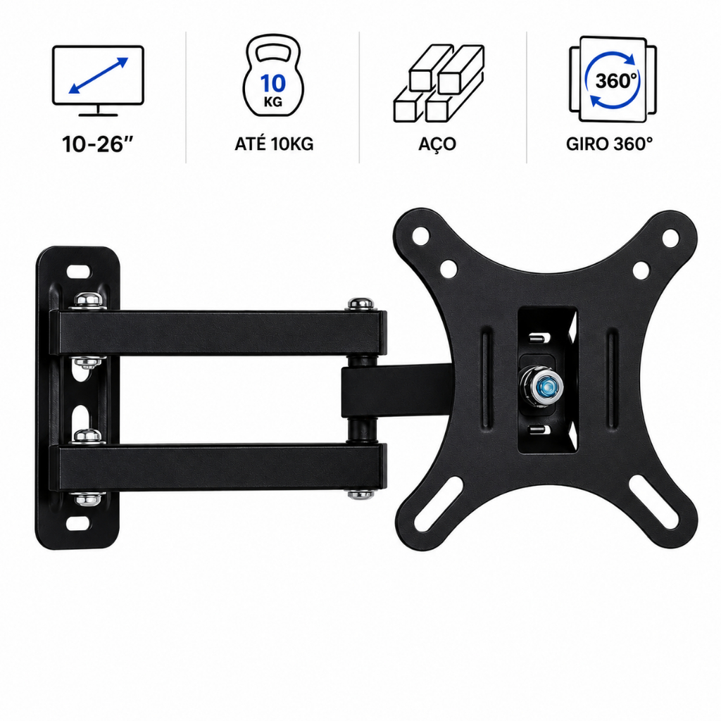 Suporte TV Articulado Monitor Giratório Metálico LED LCD 10-26 Polegadas Reforçado e Ajustável