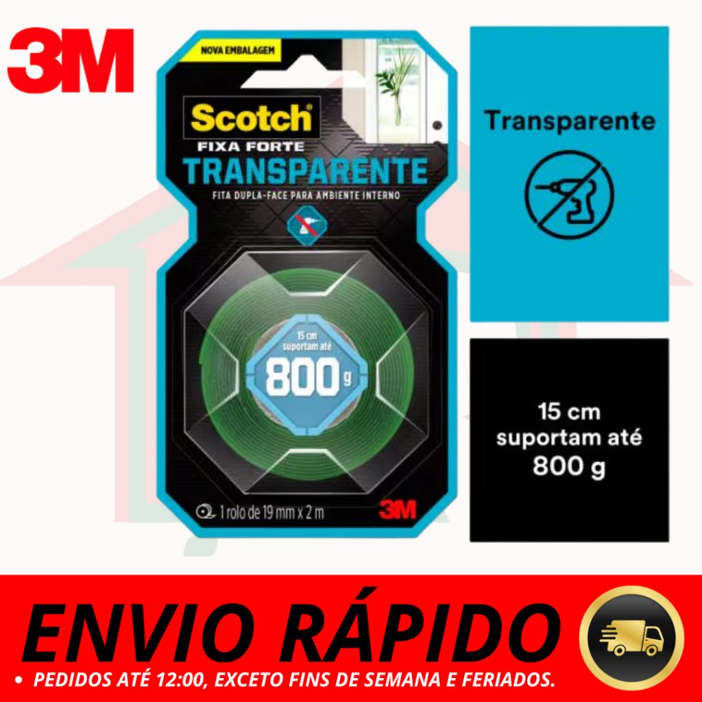 Fita Dupla Face 3m Transparente Fixa Forte 800g 19mmx2mt