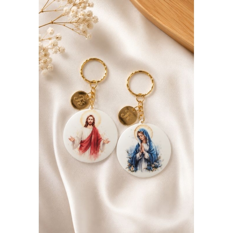 Chaveiro Jesus Nossa Senhora acrílico personalizado lembrança Batizado Crisma Eucaristia Comunhão