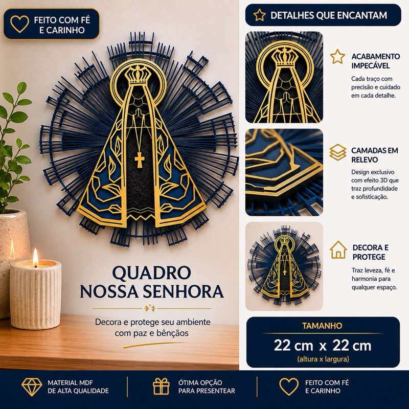 Quadro Nossa Senhora Aparecida 3D em MDF | Decoração Religiosa Premium Azul e Dourado – Presente com Fé e Proteção