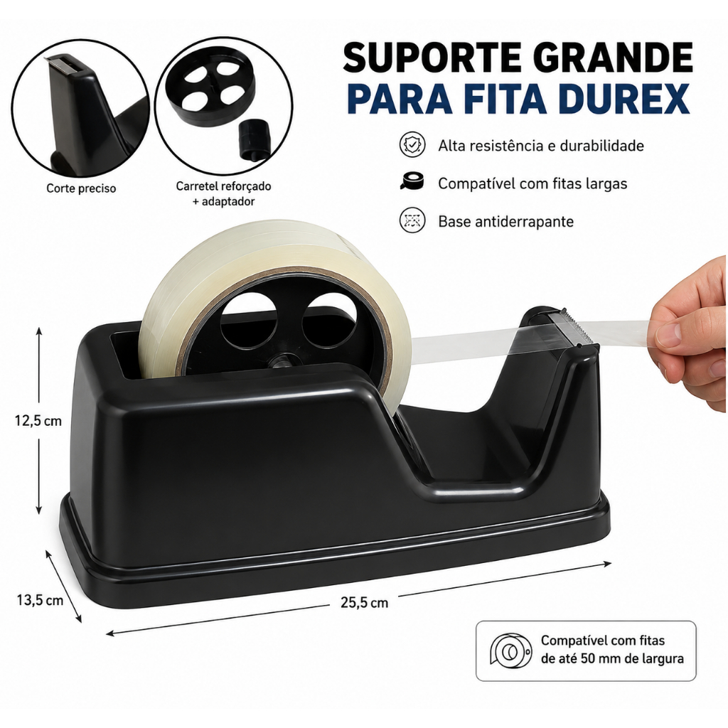 Porta Durex com 2 Adaptadores Suporte Para Fitas Adesiva Pequena e Media C/ Durex