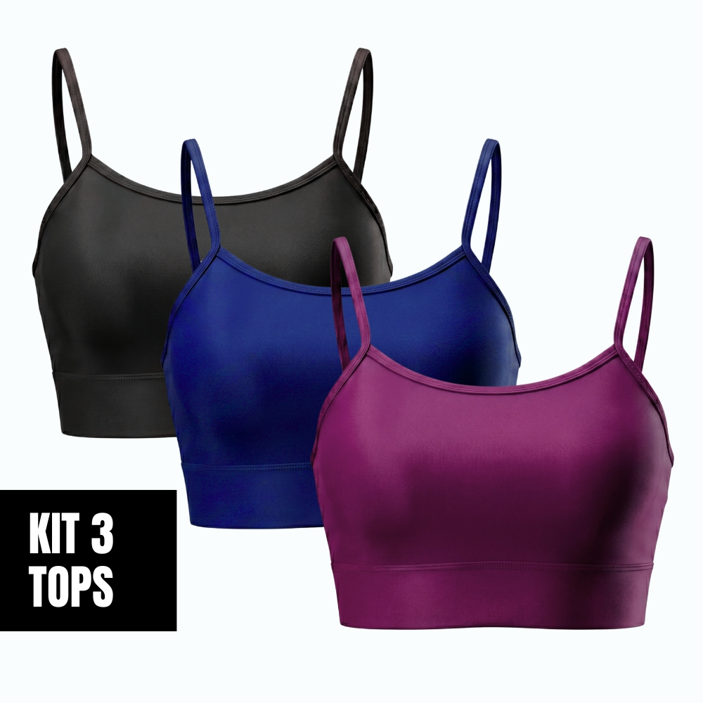 Kit 3 Top Básico Feminino Fitness Para Academia Suplex Sem Bojo Com Forro Tecido Compressivo Minay