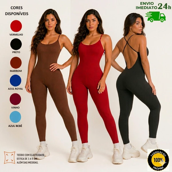 Kit 2 Macacão Feminino Academia Longo Costa Nua Canelado Anarruga
