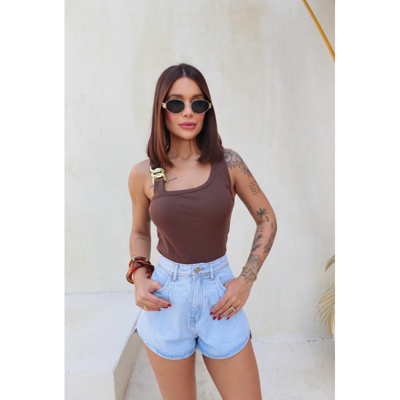 Blusa Feminina Nula Manga Ribana Canelada Um Ombro Só Com Fivela Elegante Caimento Perfeito Tendencia Verão