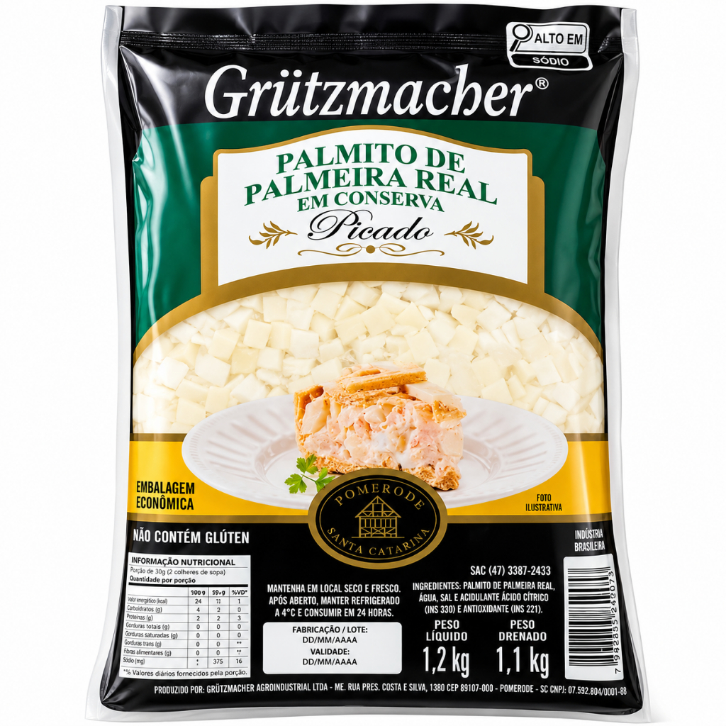 Palmito picado de Palmeira Real em Conserva embalagem Econômica 1,2KG Grutzmacher Sachê bag