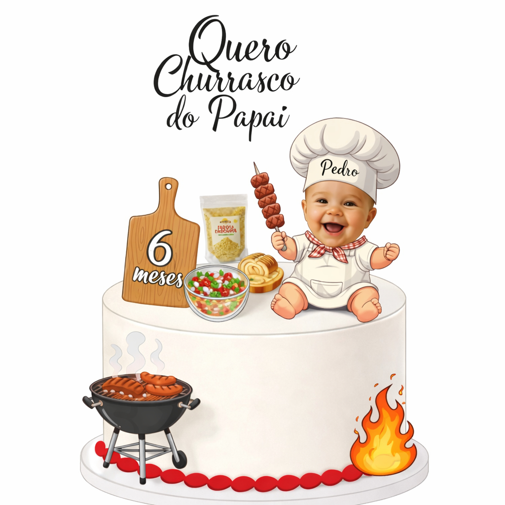 Topo de bolo para Mêsversario, Quero churrasco do Papai - Topper personalizado