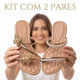 Kit 2 Sandálias Rasteiras Femininas Rasteirinha Strass Borboleta Anel Trançada Kit Rasteirinha Confortável