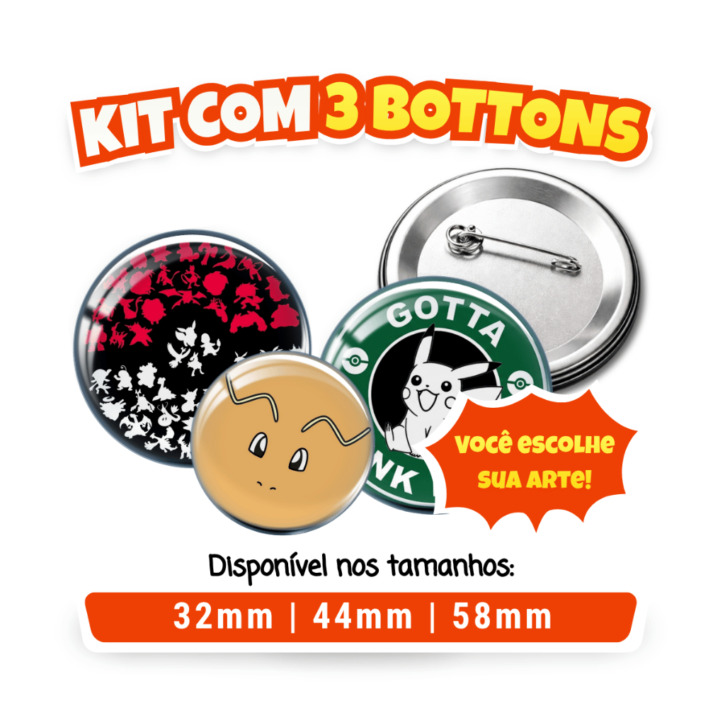 Kit 3 Botons Pokemon - Botton - Broche - Pikachu - ash - anime - squirtle - charmander - pokebola