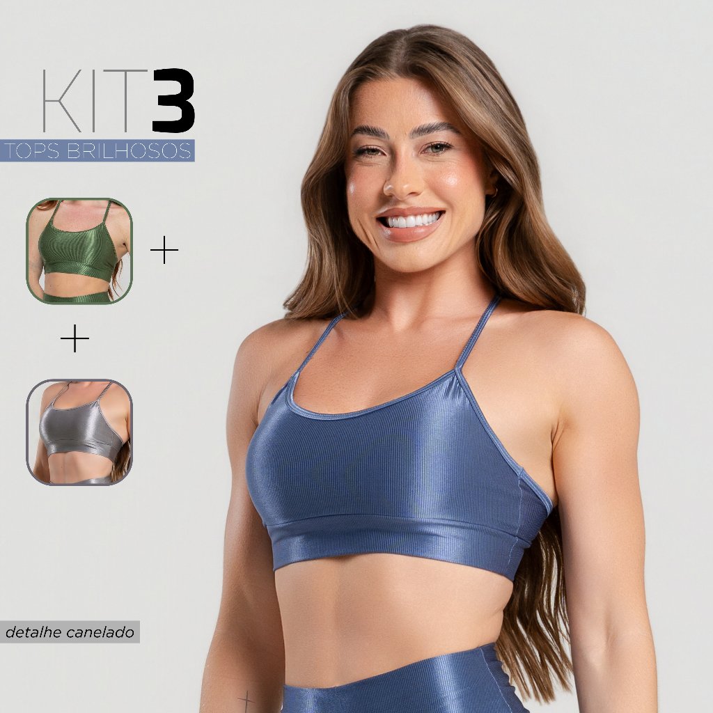 Kit com 3 Tops Fitness Feminino Alcinha – Trilobal Canelado Brilhoso Confortável Academia · foto 2