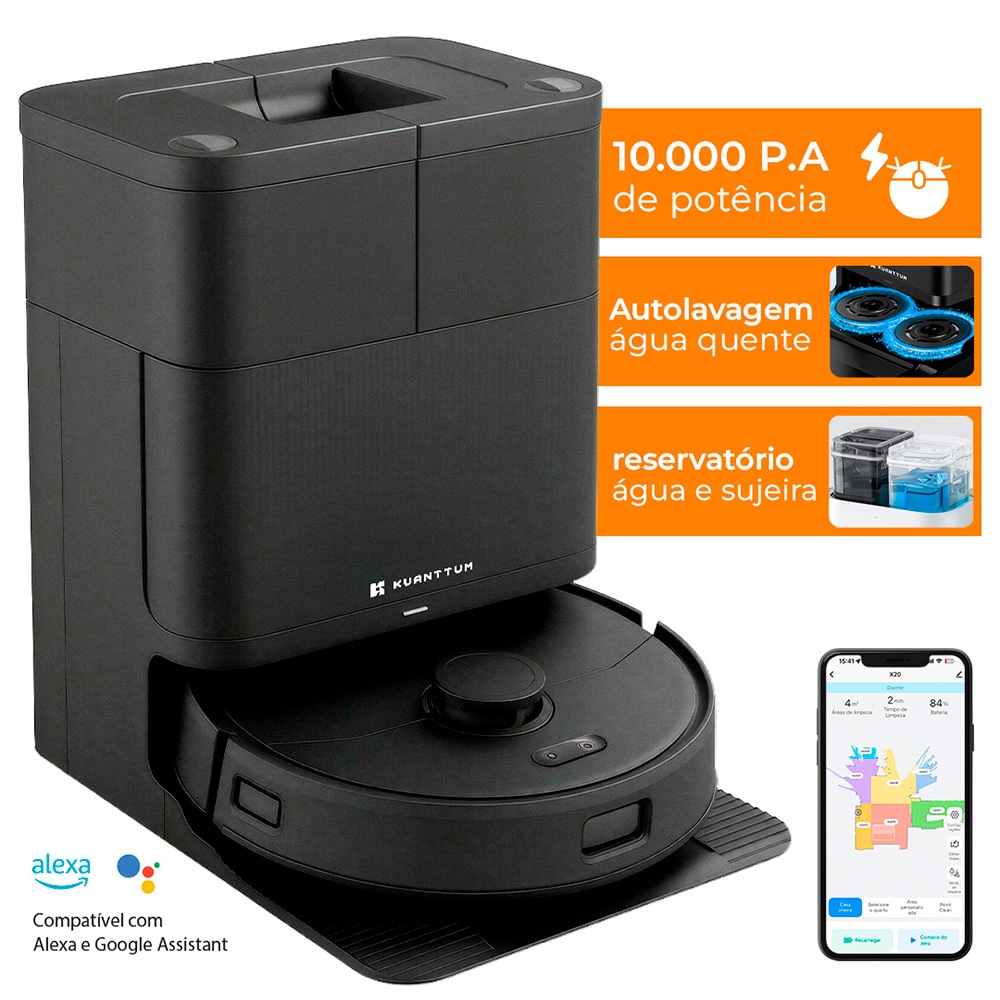 Robô Aspirador De Pó Wi-Fi Inteligente Autolimpante Água X20 Kuanttum Passa Pano MOP Robot Mapeamento LDS Cor Preto 220v