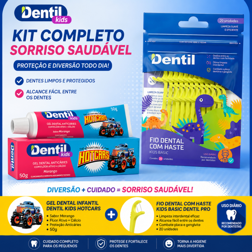 Kit Infantil Dentil Kids HotCars 50g + Fio Dental com Haste Kids Basic 20un