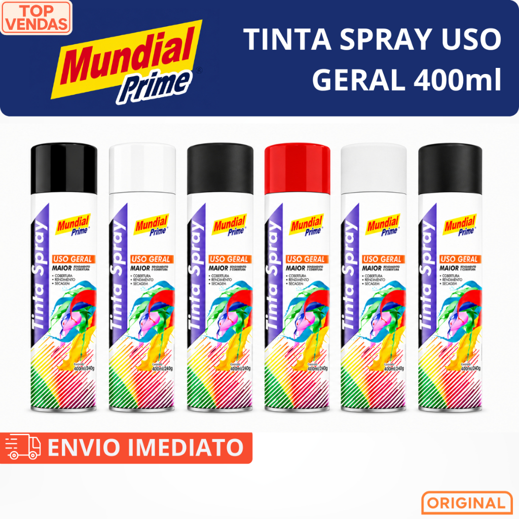 Tinta Spray 400ml Mundial Prime Uso Gera Preto Branco Vermelho Fosco Brilhante