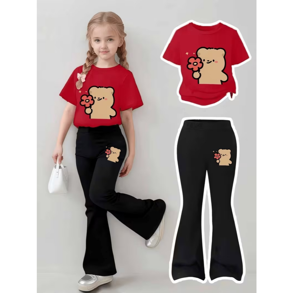 Conjunto Infantil Ursinho Flor Camiseta+ Calça Flare Moletom Moda Kids Casual Confortável