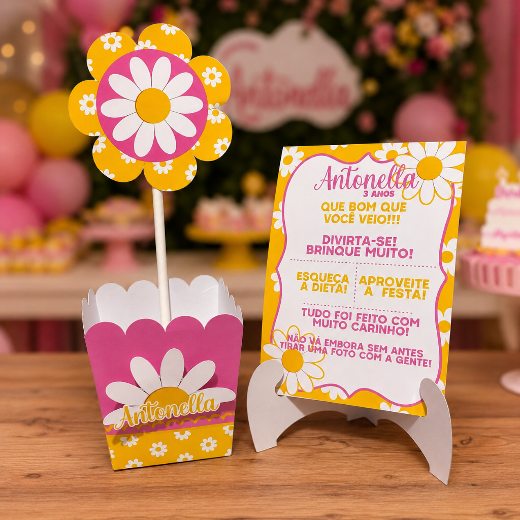 KIT 10/20/30 Centro De Mesa Margaridas Personalizado Infantil Cachepô+Plaquinha Lembrancinha Festa