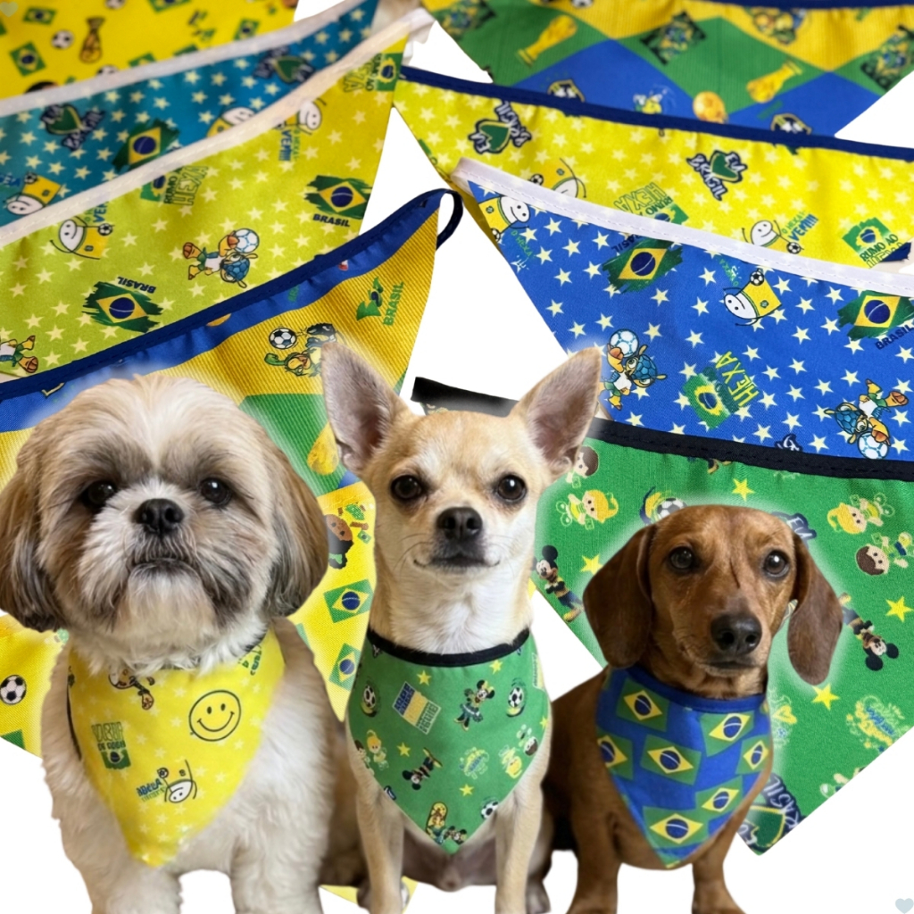 Kit Bandanas Pet Brasil Copa do Mundo Cachorro Banho e Tosa Tamanho M Premium Sublimadas