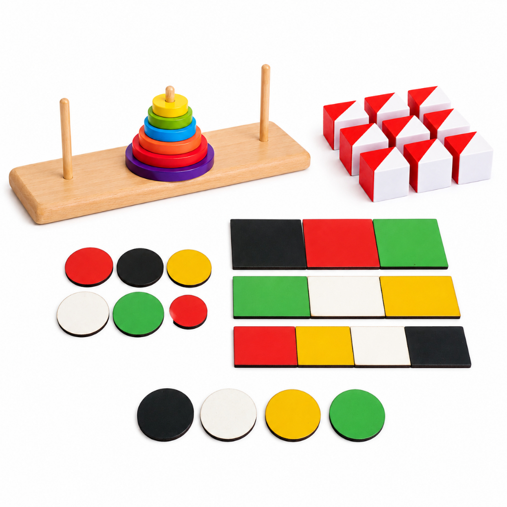 Kit Pedagógico Educativo Madeira Torre Hanoi Cubos Kohs Teste Token