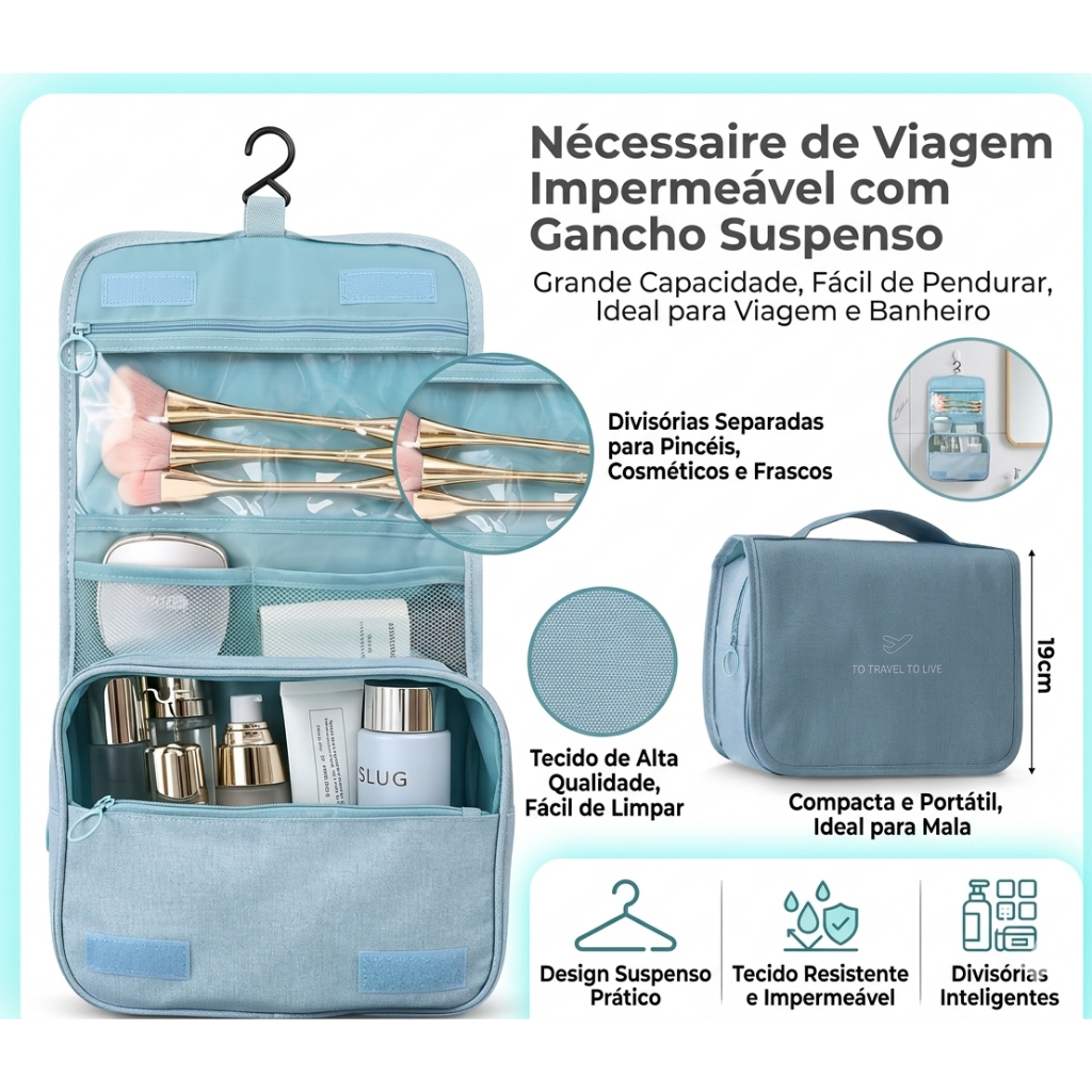 【ORGANIZADOR DE VIAGEM】Necessaire Suspensa com Divisórias, Resistente e Impermeável para Maquiagem e Higiene