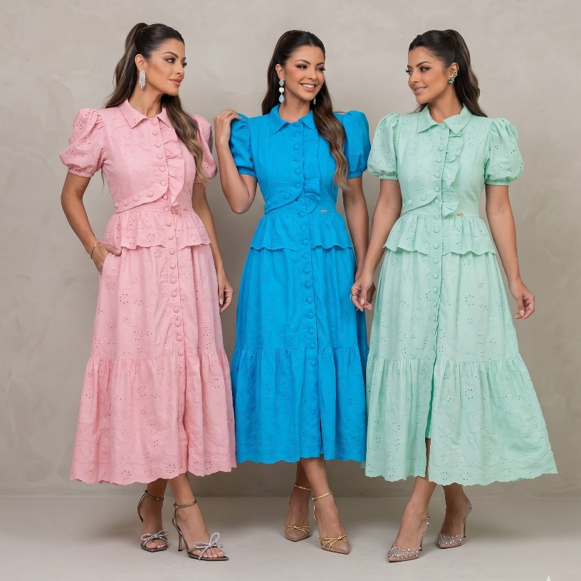 Vestido Midi Miriam Renda Guipir Manga Curta Princesa Laise Festa Luxo Babados Madrinha Casamento CN