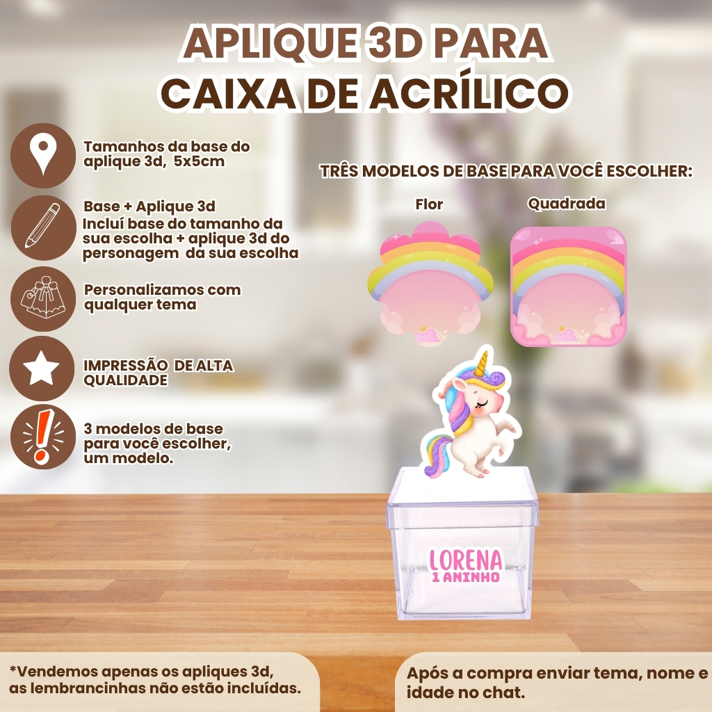 Até 50 apliques 3d+50 adesivos para caixa de acrílico 5x5cm personalizado com qualquer tema aniversário lembrancinha