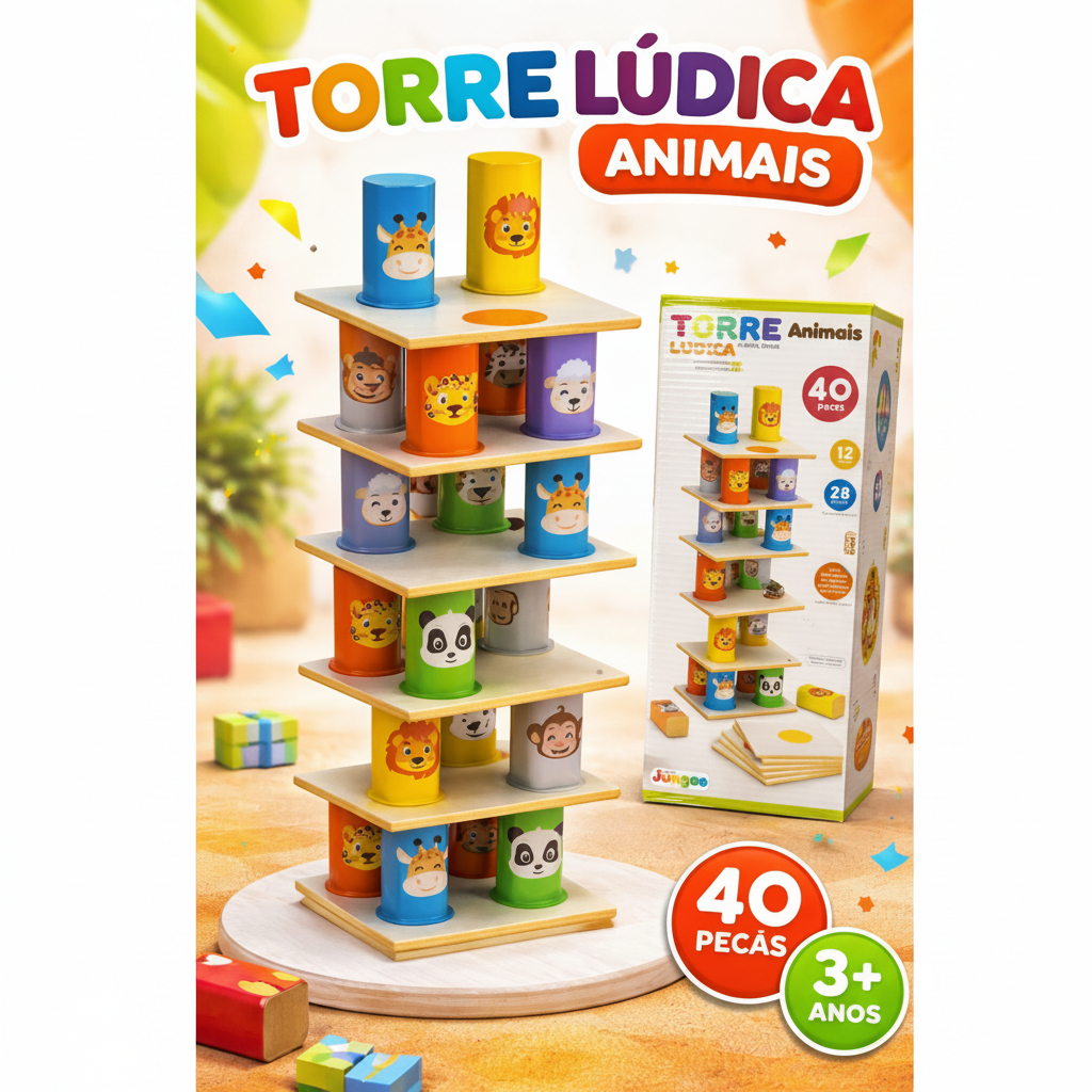 Torre Lúdica Animais Brinquedo Educativo Infantil Empilhar