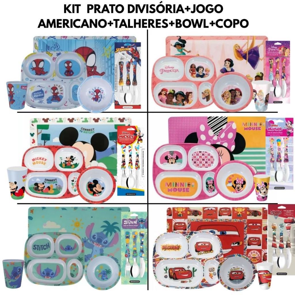 Kit Talher+Prato Com Divisória+Copo Infantil+Bowl+Jogo Americano Personagens  Disney BPA Free Homem Aranha Princesas Car