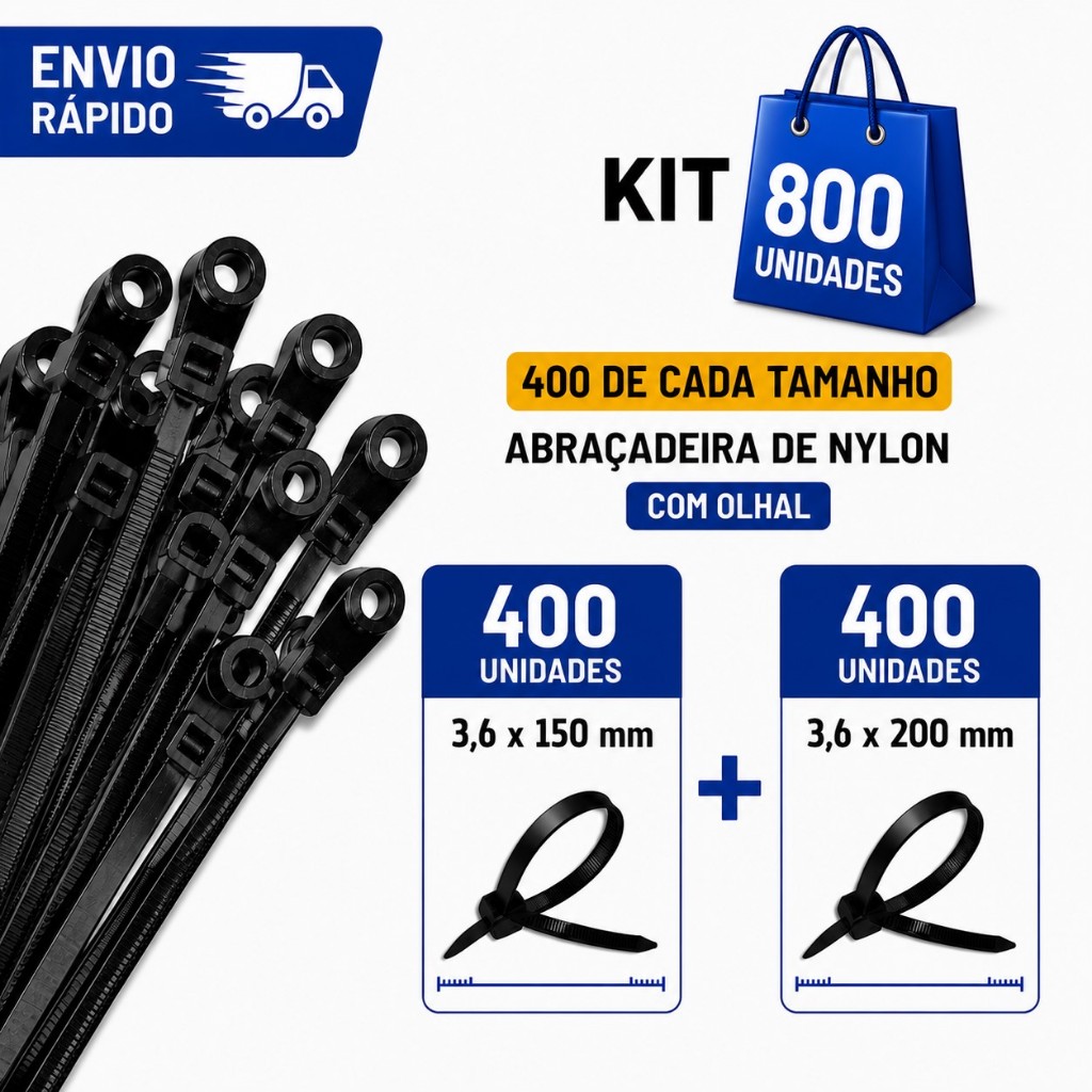 Kits Abraçadeira Nylon com Olhal Preta 3,6x150 e 3,6x200mm Kits de 400 600 800 1000pç lacre Fixação Cabos Tubos conduite